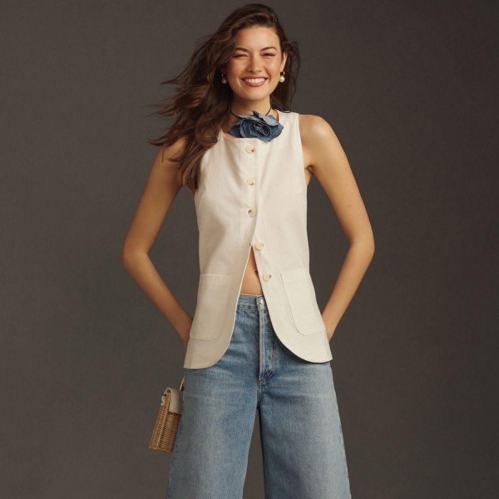 Maeve Anthropologie White Linen Vest